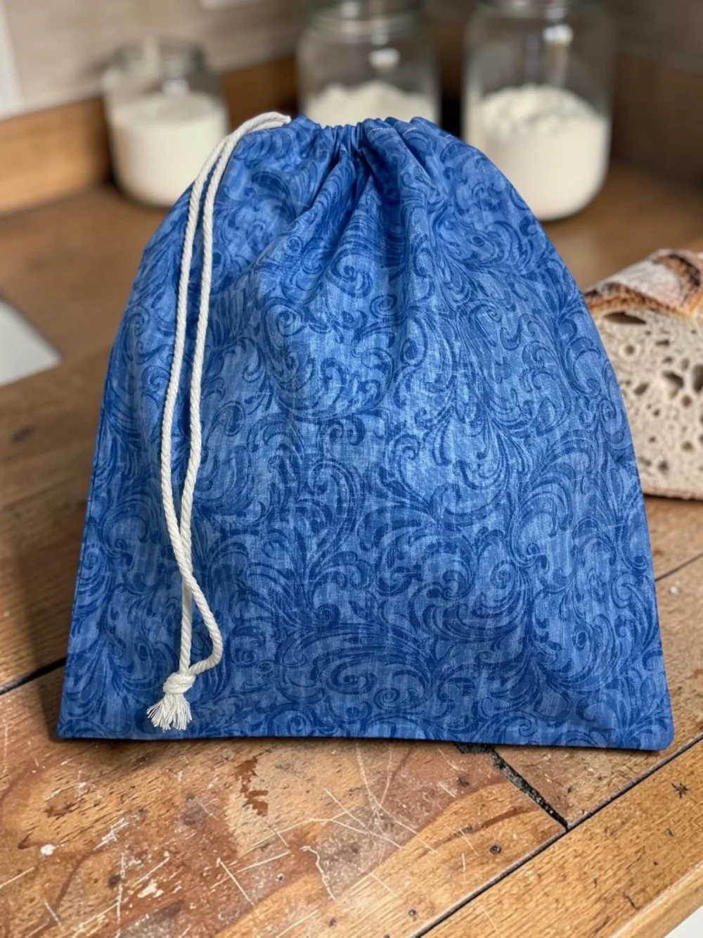 Marine Blue Swirl Leaf Design Cotton Bread Bag, Organic Reusable Sourdough Bag